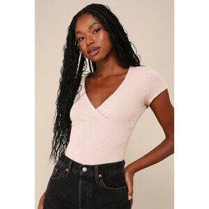 Lulus Quintessential Choice Beige Textured Ribbed Surplice Bodysuit - Size S